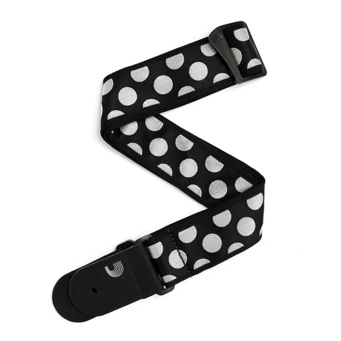 2 Inch Guitar Strap, Large Polka Dot, – Black w/ Silver dots, by D’Addario