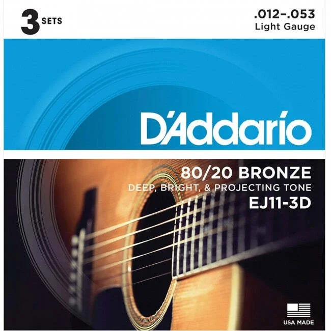 3 Pack of D’Addario EJ11 Acoustic Guitar Strings 80/20 Bronze 12-53 Light
