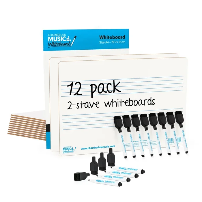 A4 mini dry-wipe music whiteboard with 2 pre-printed staves – 12 pack