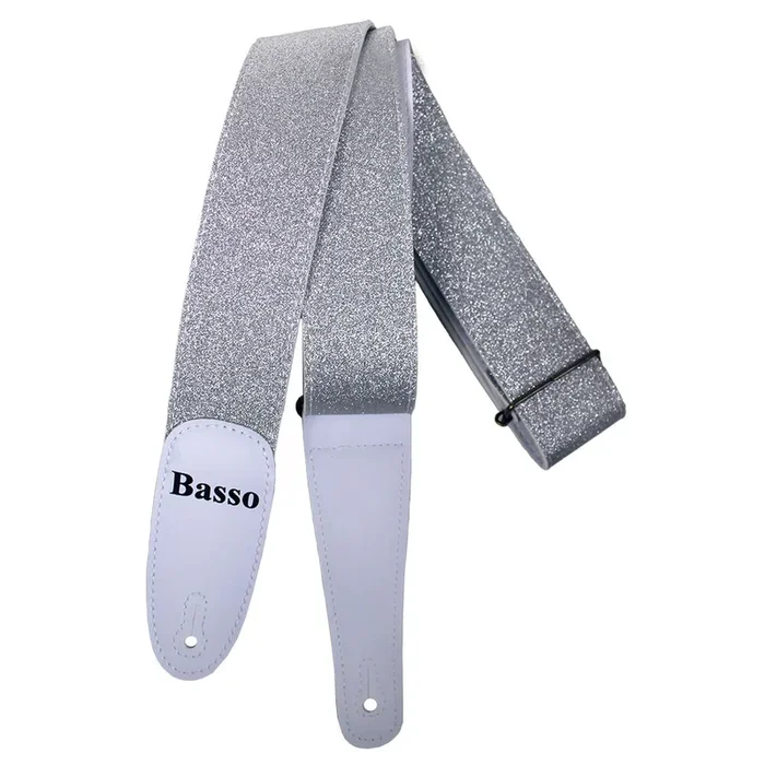 Basso Glitter Stage Series Guitar Strap – Silver Glitter EX46, Adjustable 90-145cm, 5cm Wide, Recyclable Synthetic