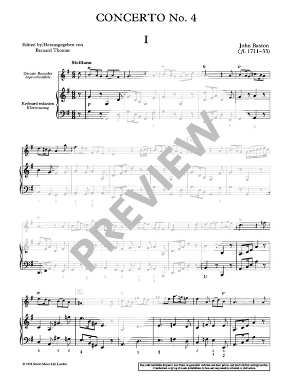 Baston Concerto No. 4 in G Major for Descant Recorder and Continuo