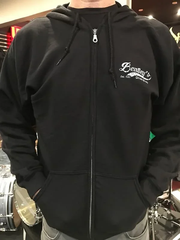 Bentley’s Drum Shop Zip-Up Hoodie Sweater in Black w/ White Distressed Logo