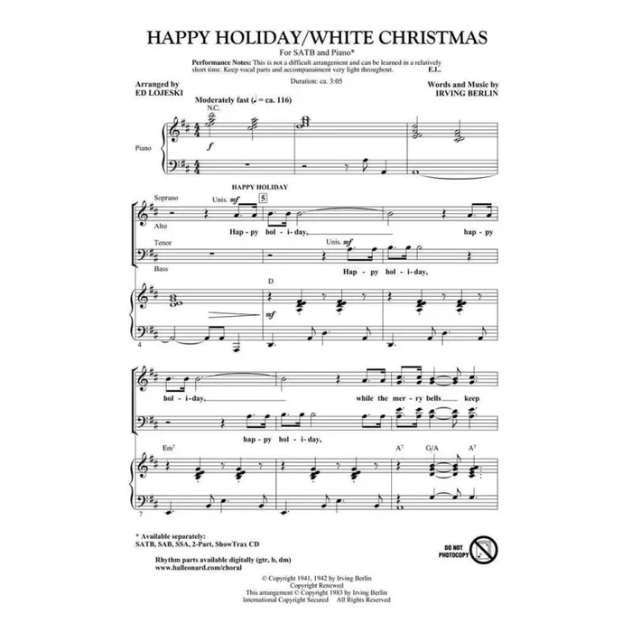 Berlin, Irving – Happy Holiday/White Christmas arr. Lojeski