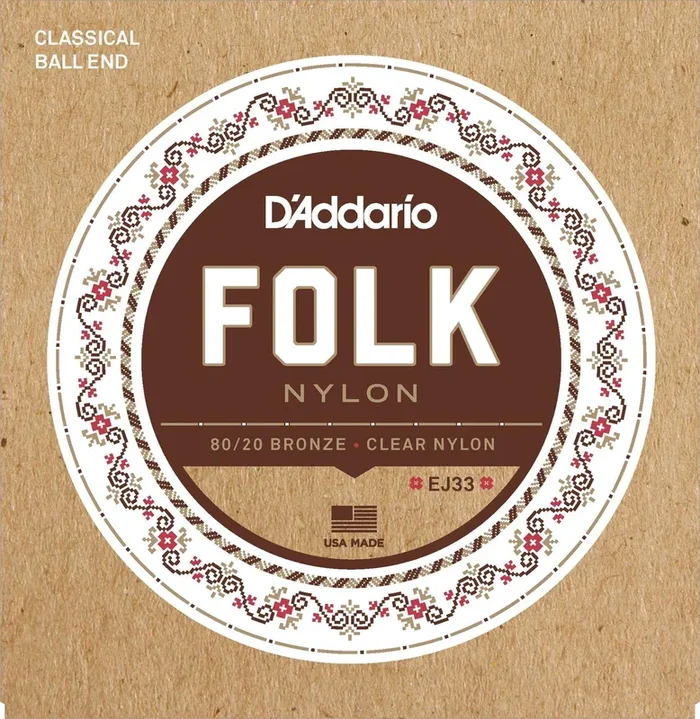 D’Addario EJ33 Folk Nylon Guitar Strings, Ball End, 80-20 Bronze-Clear Nylon Trebles