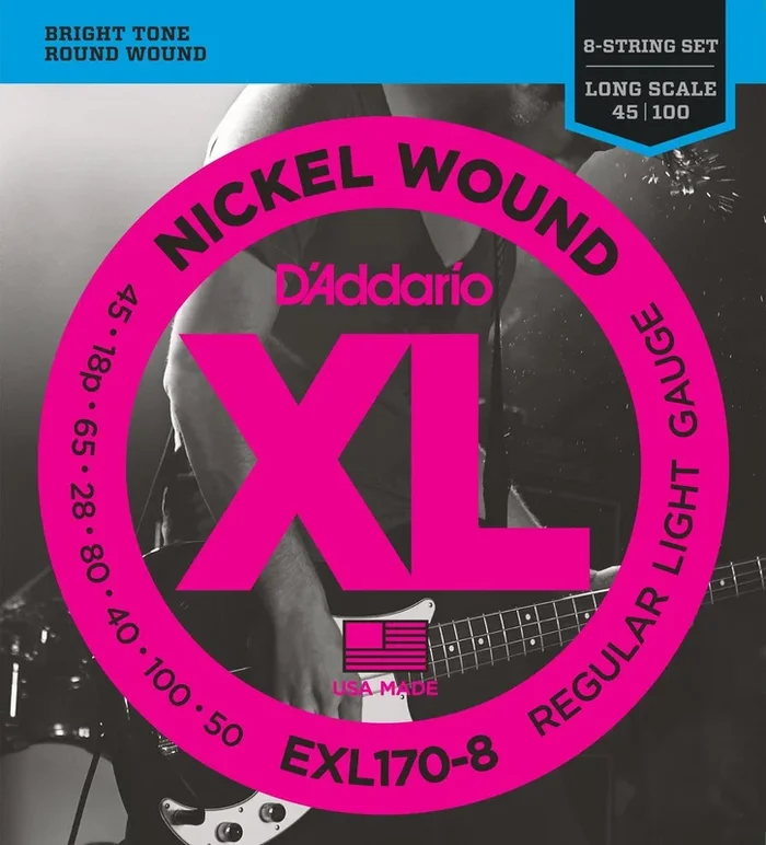 D’Addario EXL170-8 8-String Nickel Wound Bass Guitar Strings, Light, 32-130, Long Scale