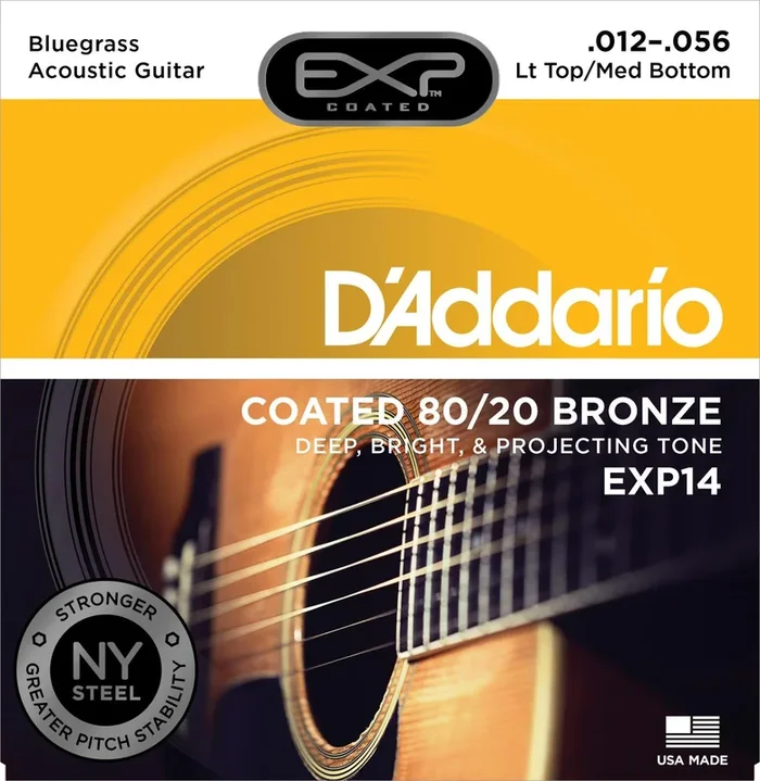 D’Addario EXP14 Coated 80-20 Bronze Acoustic Guitar Strings, Light Top-Medium Bottom-Bluegrass, 12-56