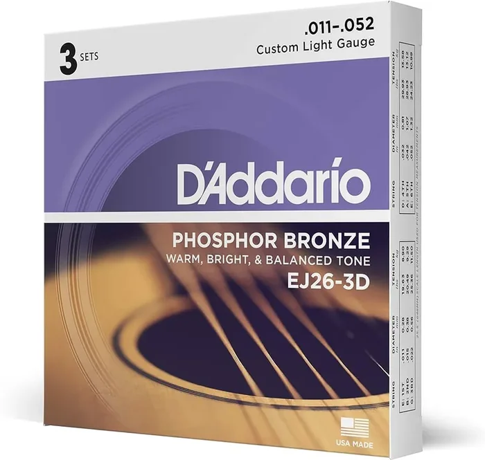 D‘Addario 11-52 – Custom Light Phosphor Bronze Acoustic Guitar Strings – 3-Pack