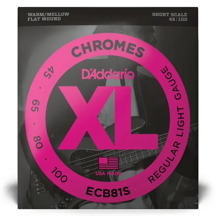 D‘Addario Chromes 45-100 Stainless Steel Flatwound Bass Guitar Strings, Short Scale [ECB81S]