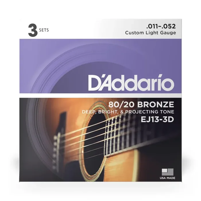 D‘Addario EJ13 80/20 Bronze 11-52 Acoustic Guitar Strings, Custom Light, 3-Pack