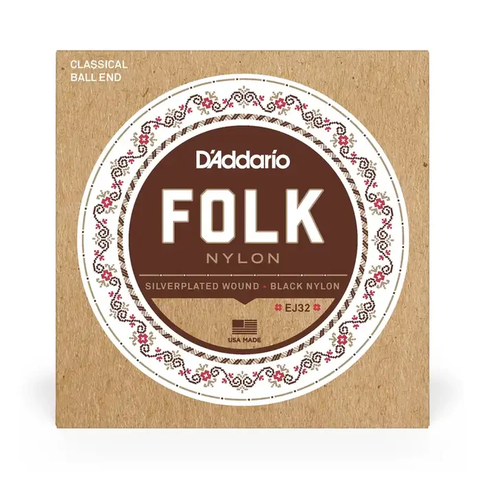 D‘Addario EJ32 Folk Nylon Silver-plated & Black Nylon Acoustic Guitar Strings, Ball-End