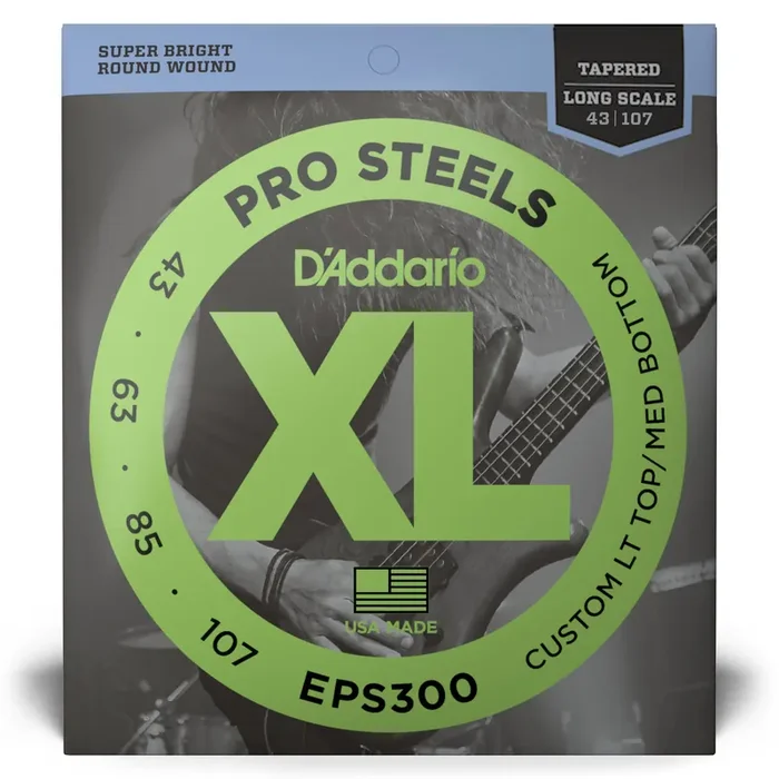 D‘Addario Pro Steels Stainless Steel 43-107 Bass Guitar Strings, Tapered Long Scale [EPS300]