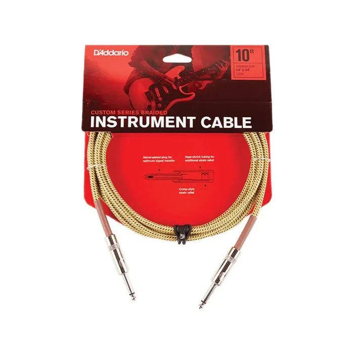 D‘Addario PW-BG-10TW Braided Straight to Straight Instrument Cable, 10 Feet, Tweed