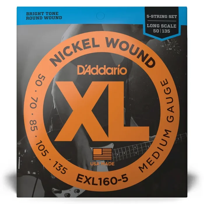 D‘Addario XL-Series Nickel Wound 5-String 50-135 Bass Guitar Strings, Long Scale [EXL160-5]