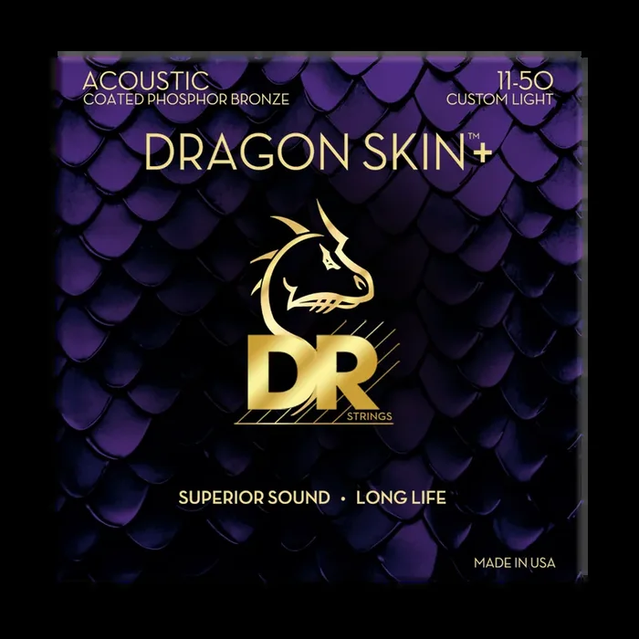 DR Dragon Skin+ Phosphor Bronze Acoustic Guitar Strings – Custom Light – 11-50