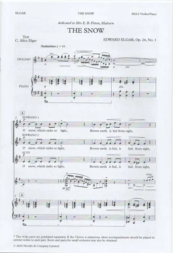 Elgar : The Snow Vocal SSA And 2 Violins (Novello)