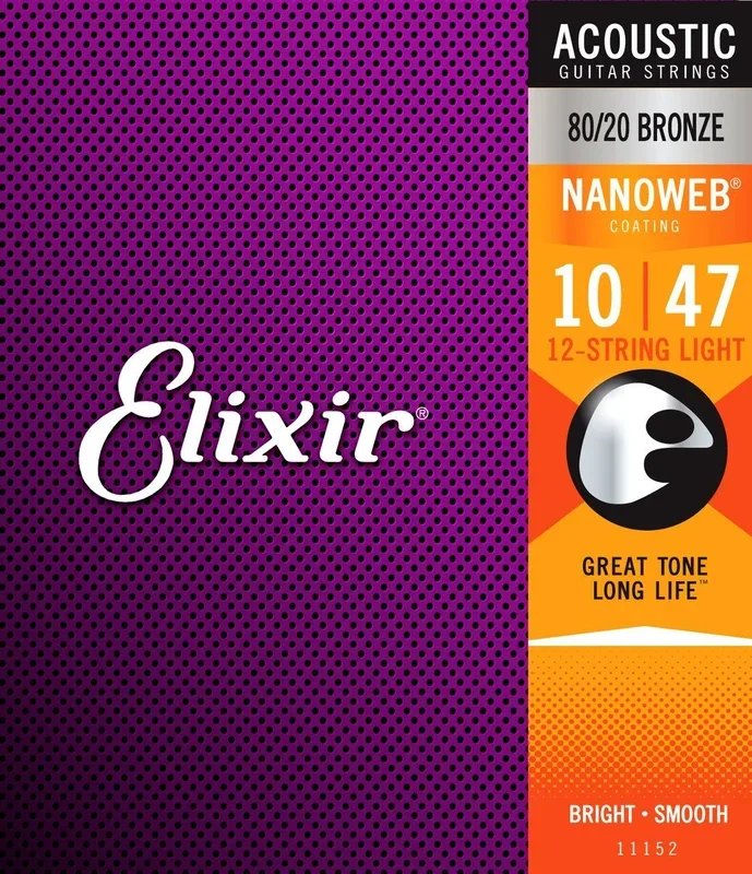 Elixir 11152 Nanoweb 80/20 Bronze 12 String Light Guitar Strings 10-47 Gauge
