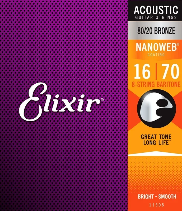 Elixir 11308 Nanoweb 80/20 Bronze Baritone 8-String Guitar Strings 16-70