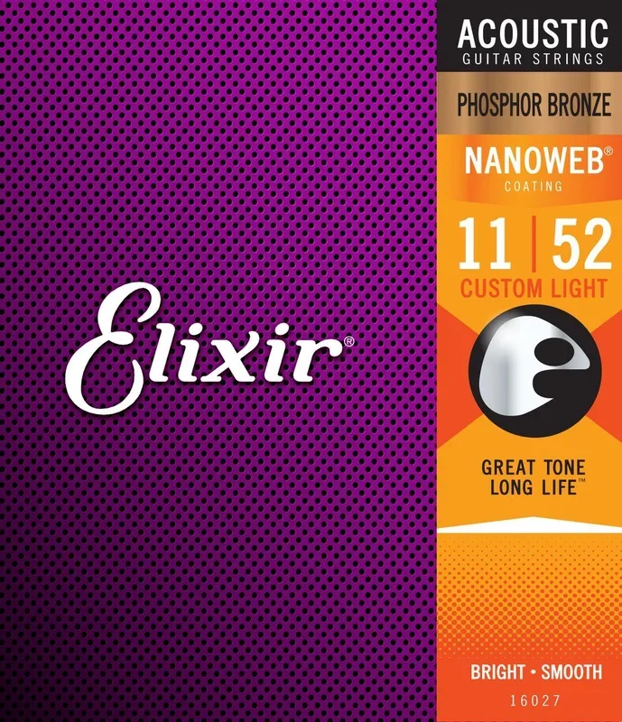 Elixir 16027 Nanoweb Phosphor Bronze Acoustic Guitar Strings Custom Light 11-52