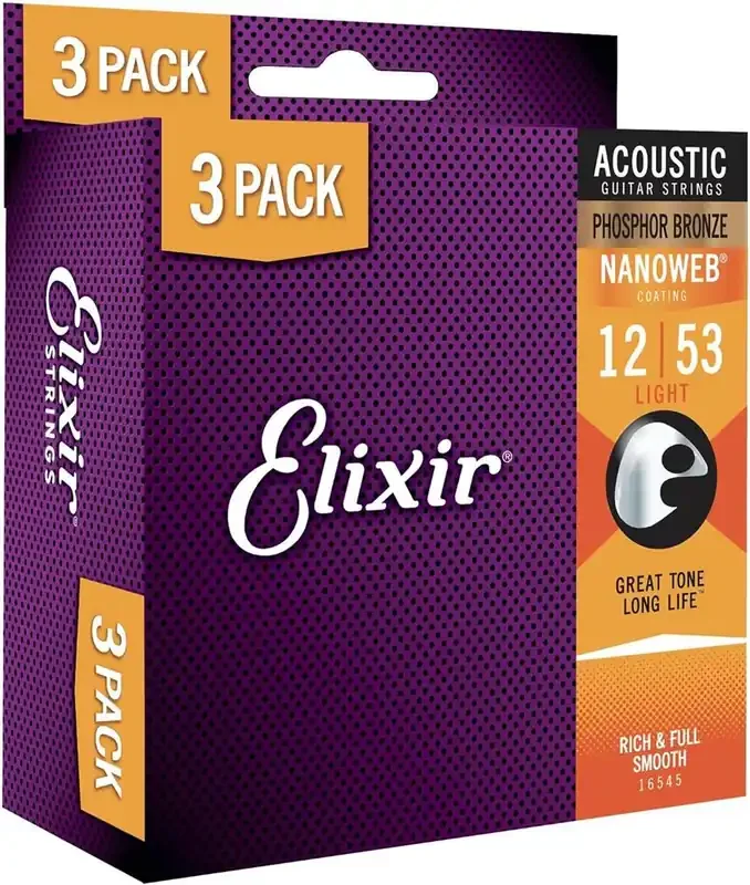 Elixir Nanoweb Light Phosphor Bronze Acoustic Strings – Triple Pack