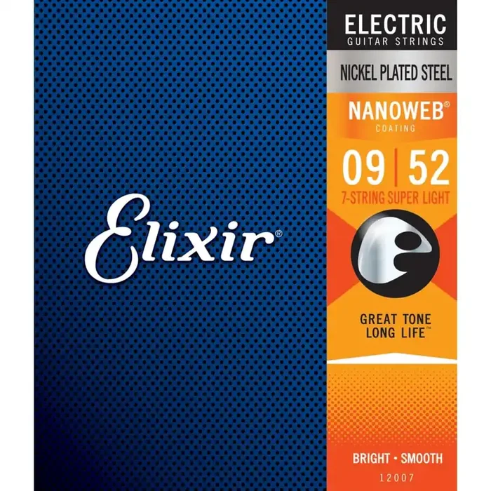 Elixir Nanoweb Nickel Wound 7-String 9-52 Electric Guitar Strings, Super Light [12007]