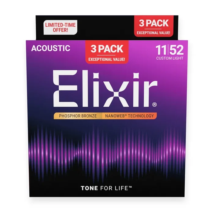 Elixir Nanoweb Phosphor Bronze 11-52 Acoustic Guitar Strings, 3-Pack