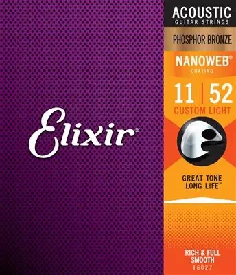 Elixir Nanoweb Phosphor Bronze Acoustic Guitar Strings – 11-52 Custom Light