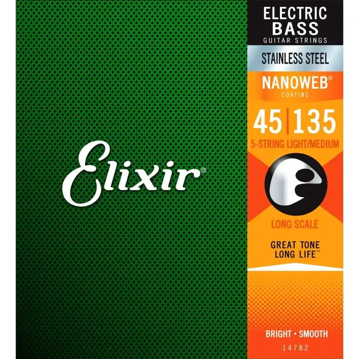 Elixir Nanoweb Stainless Steel 45-135 5-String Bass Guitar Strings, Long Scale [14782]