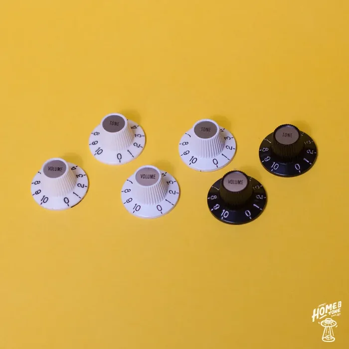 Embossed Witch hat control knob for 5.95mm 24 Spline USA spec pots – Antique White, Bright White & Black