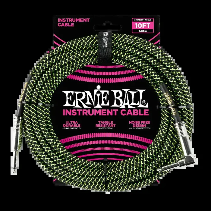 Ernie Ball 10ft / 3m Black / Green Braided Right Angle – Straight Jack Cable