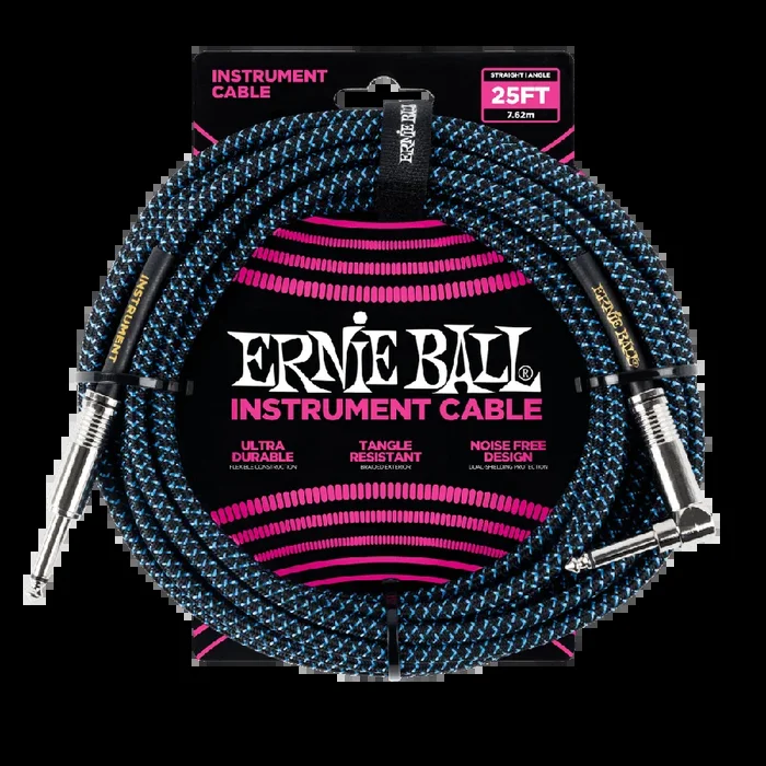 Ernie Ball 7.5 Meter Braided Straight / Angle Instrument Cable, Black / Blue