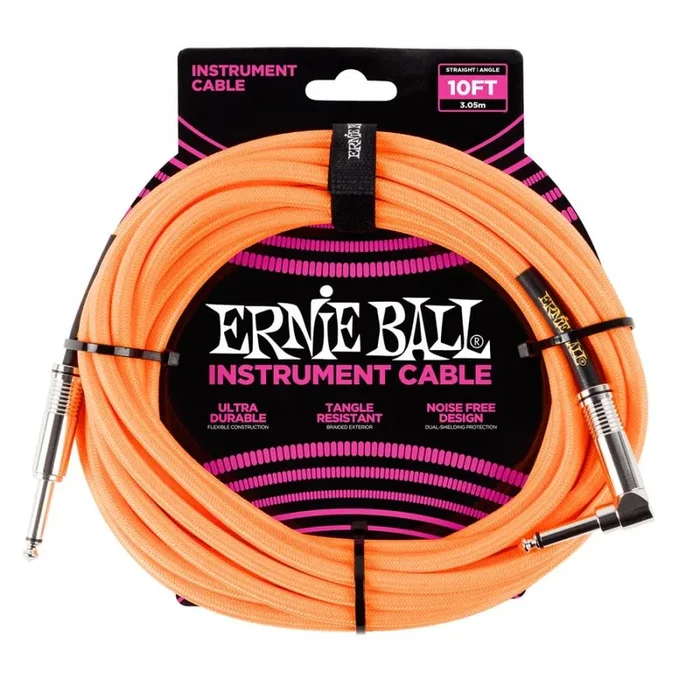 Ernie Ball Braided Instrument Cable | 1/4 ” – Angled – 10′ – Orange