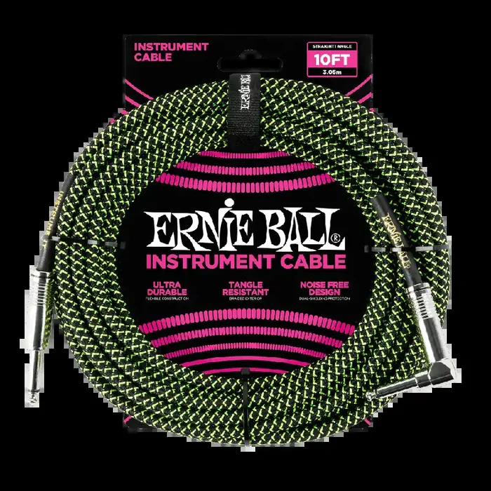 Ernie Ball Braided Instrument Cable 10ft Straight-Angle Green
