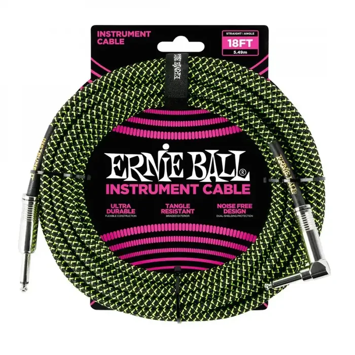 Ernie Ball Braided Instrument Cable, 18ft, Green-Black, Straight-Angled