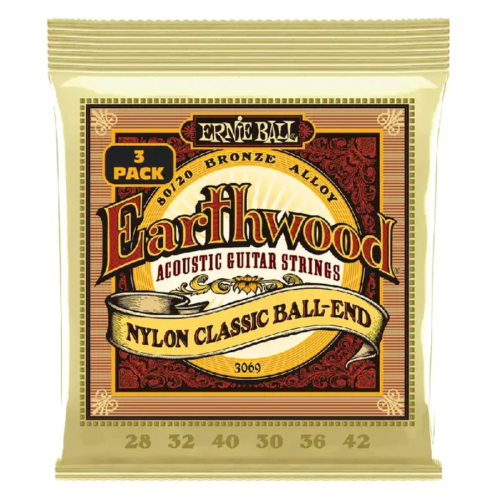 Ernie Ball Earthwood Folk Nylon 80/20 Bronze 28-42 Acoustic Guitar Strings, Ball-End, 3-Pack