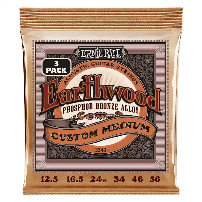Ernie Ball Earthwood Phosphor Bronze 12.5-56 Acoustic Guitar Strings, Custom Medium, 3-Pack