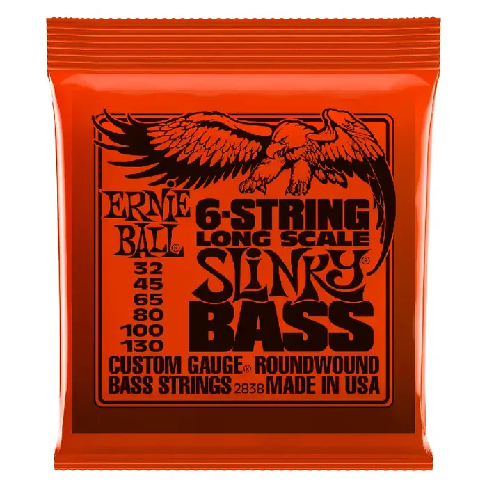 Ernie Ball Slinky Nickel Wound 32-130 6-String Bass Guitar Strings, Long Scale