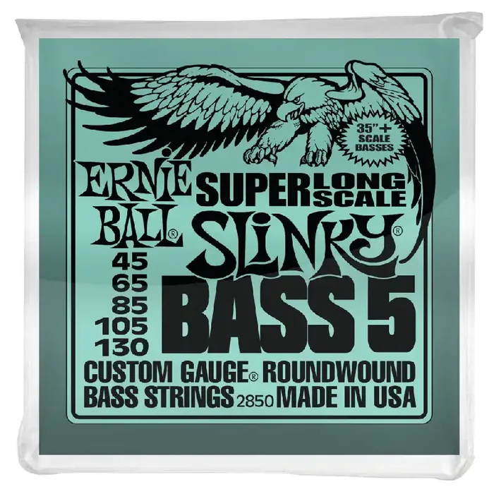 Ernie Ball Super Long Slinky Nickel Wound 45-130 5-String Bass Guitar Strings, Extra Long Scale