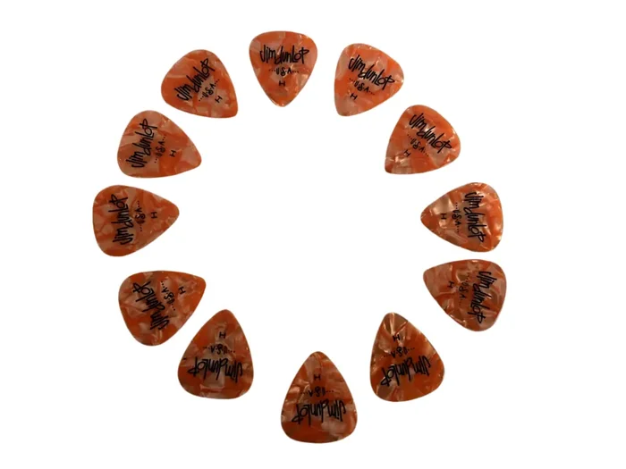 Jim Dunlop USA Heavy Celluloid Plectra – Pack 12 Orange Marble
