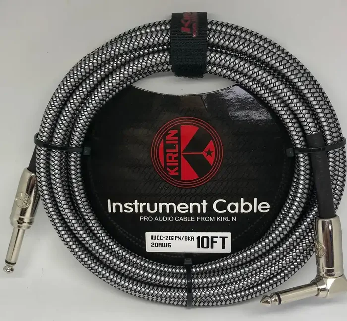 Kirlin 10ft / 3m Silver / Black Woven Right Angle – Straight Jack Cable