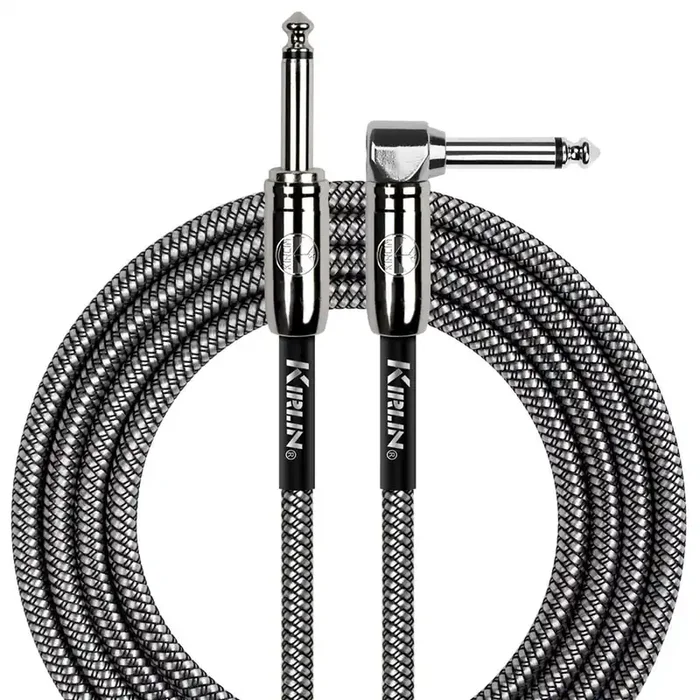 Kirlin 20ft / 6m Black / Silver Woven Right Angle – Straight Jack Cable