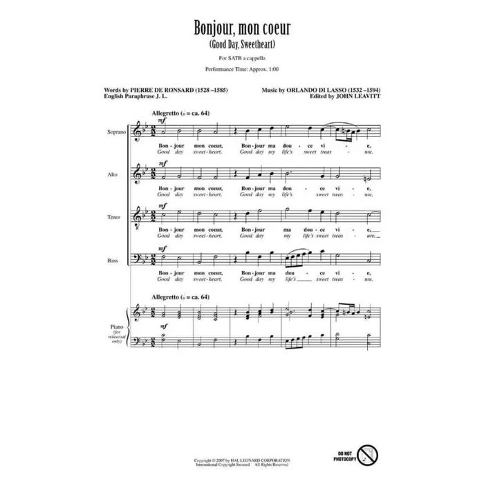 Lasso, Orlando – Bonjour, mon coeur Good Day, Sweetheart