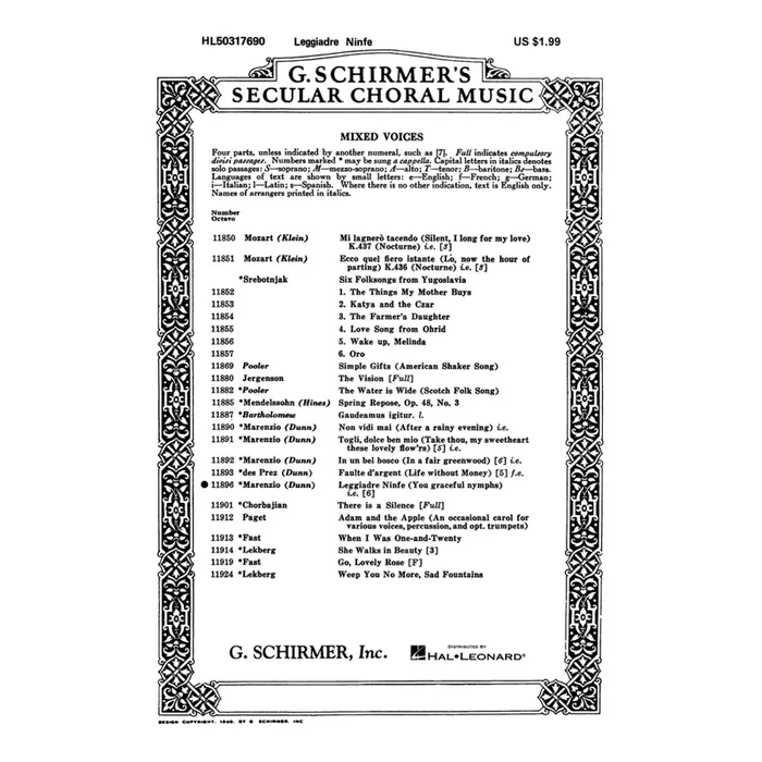 Marenzio, Luca – Leggiadre Ninfe (You Graceful Nymphs) A Cappella