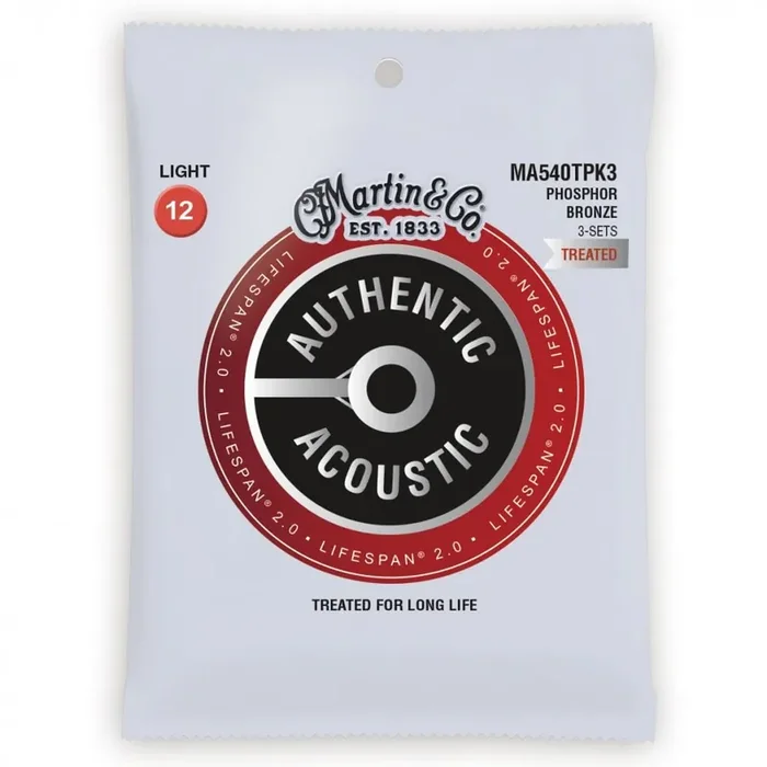 Martin Authentic Acoustic LifeSpan Phosphor Bronze 12-54 Light Acoustic Guitar Strings, 3-Pack