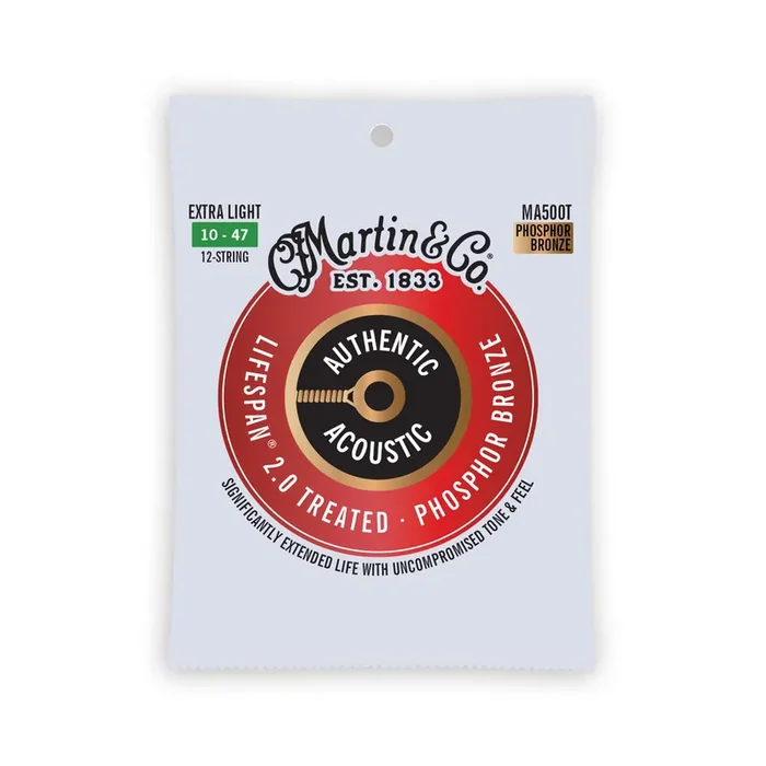 Martin MA500T Authentic Acoustic Lifespan 2.0 Phosphor Bronze Acoustic Guitar Strings, Extra Light 12-String, 10-47