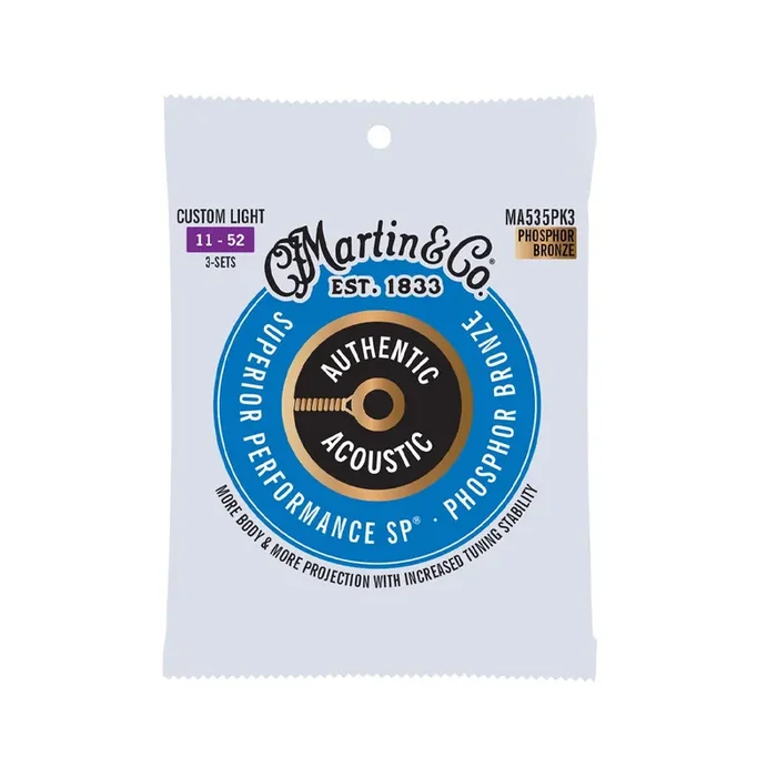 Martin MA535 Authentic Acoustic 92/8 Phosphor Bronze Custom Light Guitar Strings, 3-Pack