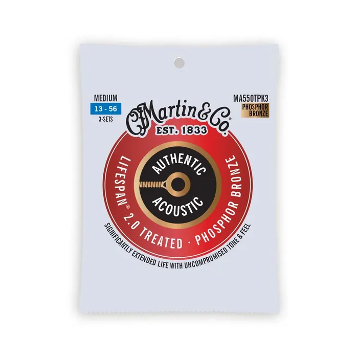Martin MA550TPK3 Authentic Acoustic Lifespan 2.0 Phosphor Bronze Acoustic Guitar Strings, Medium, 13-56, 3-Pack