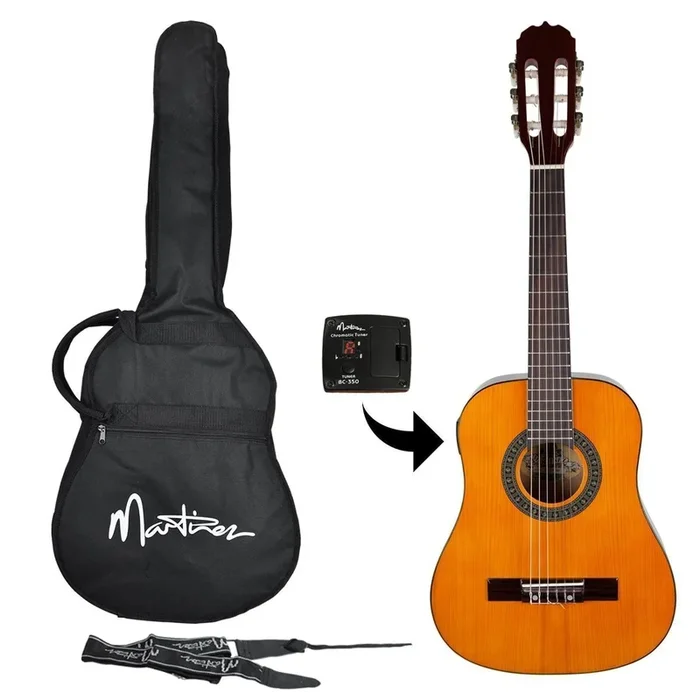 Martinez 1/2 Size Beginner Classical Guitar Pack with Built In Tuner (Amber)