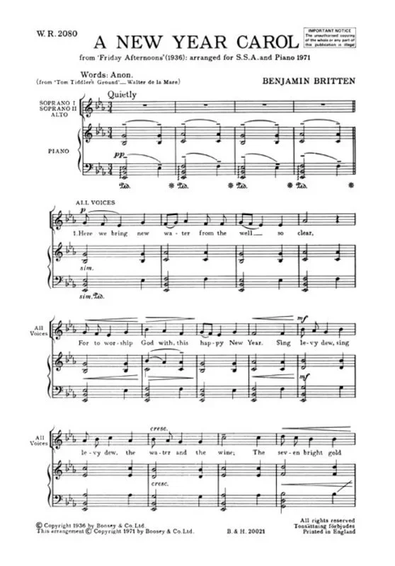 New Year Carol Fr Friday Afternoon Op 7 Unison Book