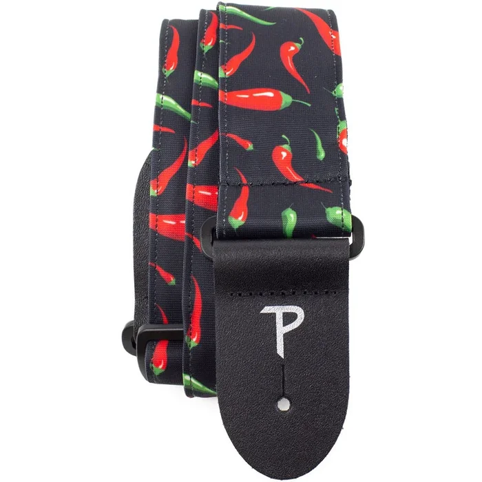 Perris 2″ Fabric Guitar Strap in “Red Pepper Allover” Design with Black Leather Ends