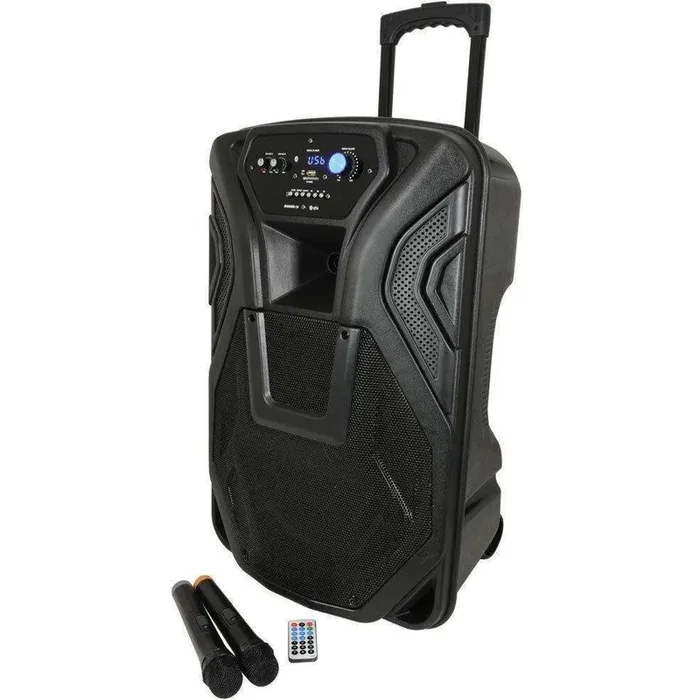 QTX Busker 15 rechargeable active speaker with 2x VHF wireless mics